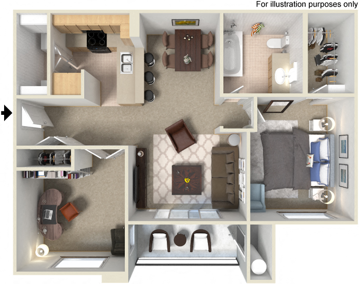 Floor plan for 1 bed, 1 bath, 950 sqft